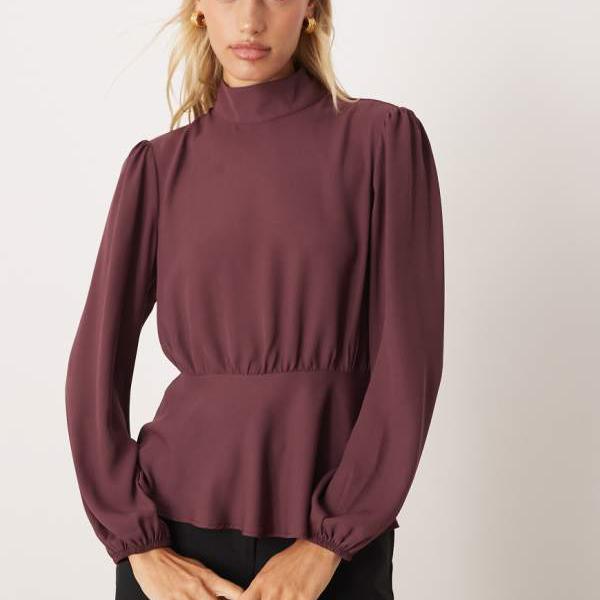 エイソス ASOS asos ASOS DESIGN ハイネック 長袖 ペプラム ブラウス（プラム色） トップス レディース..