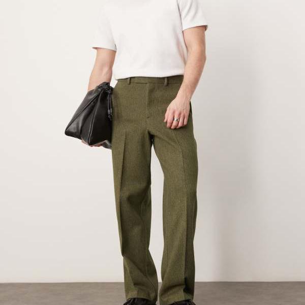 エイソス ASOS asos ASOS DESIGNのダークグリーンツイルのスマートなワイドレッグウールミックスパンツ パンツ ボトム メンズ 男性 インポートブランド 小さいサイズから大きいサイズまで