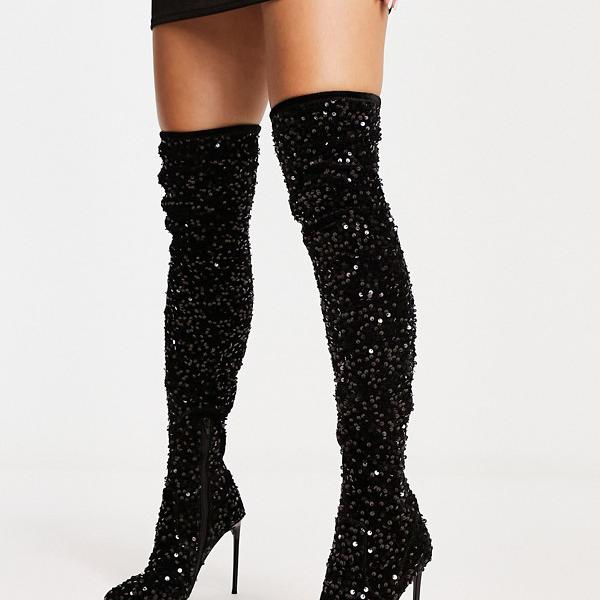 スティーブマデン Steve Madden Steve Madden Vivan ニーハイ ヒール ブーツ、ブラック スパンコール 靴 レディース 女性 インポートブランド 小さいサイズから大きいサイズまでのサムネイル
