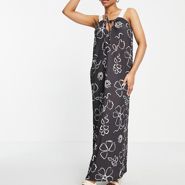エイソス ASOS asos ASOS DESIGN ワイドストラップ マキシドレス ブラック ドローイングフローラルプリント ワンピース レディース 女性 インポートブランド 小さいサイズから大きいサイズまでのサムネイル