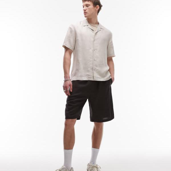 トップマン Topman TOPMAN トップマン ワイドレッグ リネン ショートパンツ(ブラック) パンツ ボトム メンズ 男性 インポートブランド 小さいサイズから大きいサイズまで