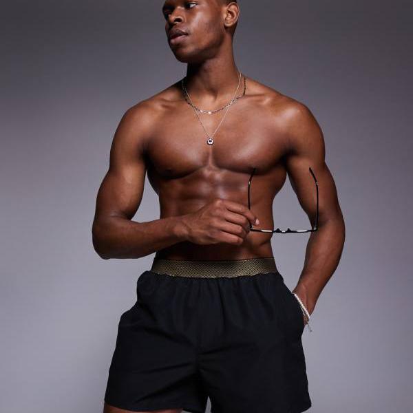 エイソス ASOS asos ASOS DESIGNのショート丈スイムショーツ（伸縮性のあるウエストバンドのディテール付き、ブラック） 水着 メンズ 男性 インポートブランド 小さいサイズから大きいサイズまで