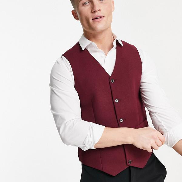エイソス ASOS asos ASOSDESIGNウールミックススリムスーツチョッキ（バーガンディツイル） ベスト メンズ 男性 インポートブランド 小さいサイズから大きいサイズまで
