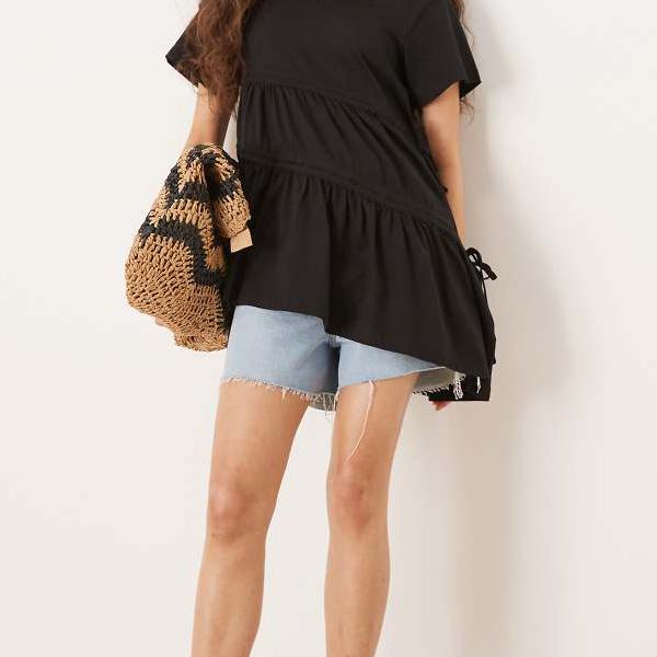 エイソス ASOS asos ASOS DESIGN ルーシュディテールTシャツ（ブラック） トップス レディース 女性 インポートブランド 小さいサイズから大きいサイズまで