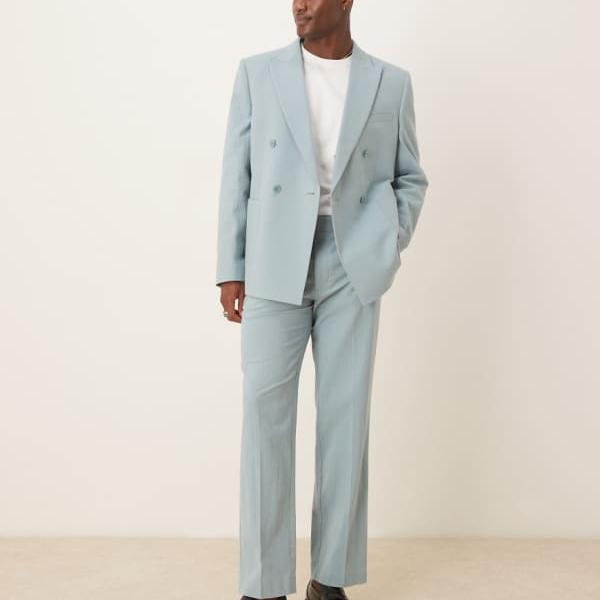 エイソス ASOS asos ASOS DESIGNのライトブルーのシワ加工ストレートスーツパンツ 