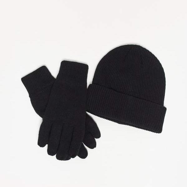 Selected 厳選されたウール混紡ギフトセット（ブラックのビーニーと手袋付き） 帽子 メンズ 男性 イン..