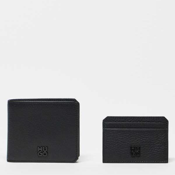 HUGO REDロゴレザーウォレットとカードホルダーギフトセット（ブラック） アクセサリー メンズ 男性 イ..