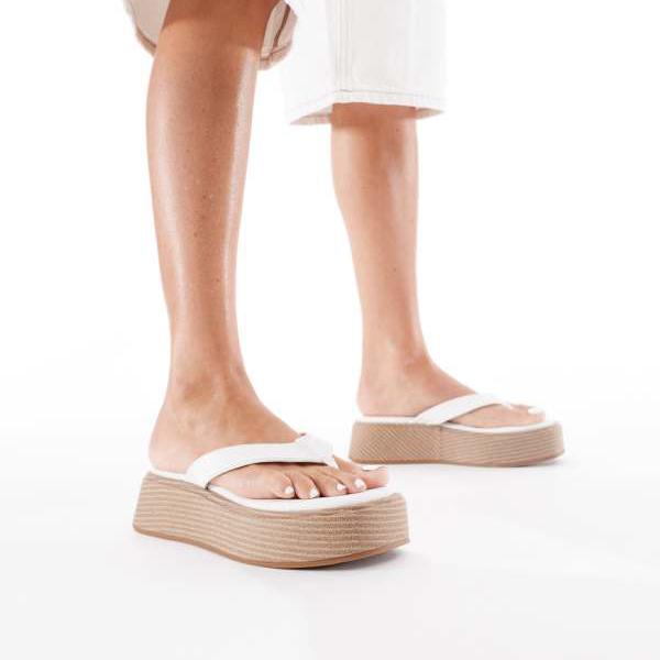 ロンドン レベル トング フラットフォーム エスパドリーユ サンダル（ホワイト PU） 靴 レディース 女..