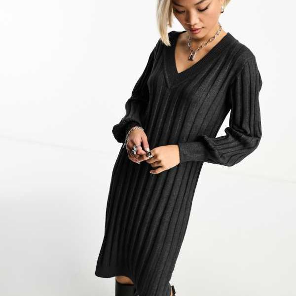 オブジェクト Object オブジェクト Vネック ニット リブ ジャンパー ドレス (ダークグレー) ワンピース レディース 女性 インポートブランド 小さいサイズから大きいサイズまで