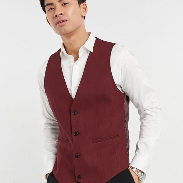 エイソス ASOS asos ASOSDESIGNウェディングスキニースーツチョッキ（ブルゴーニュ） ベスト メンズ 男性 インポートブランド 小さいサイズから大きいサイズまで