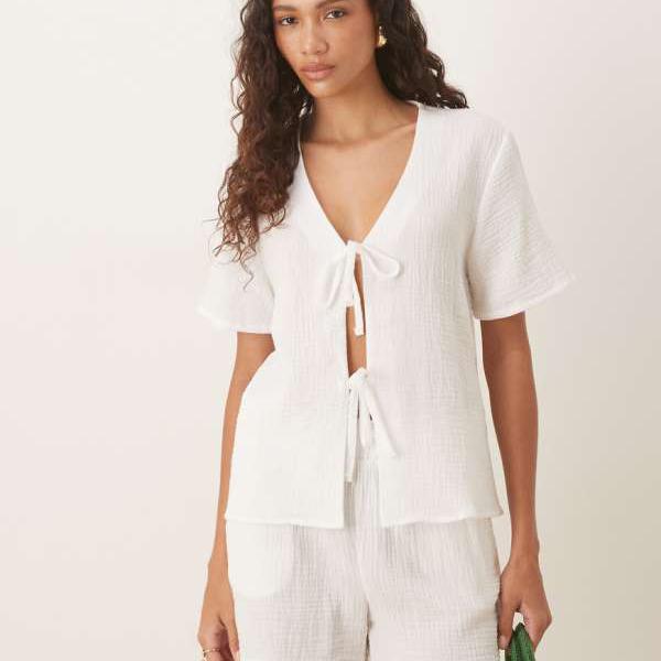 JDY JDY 半袖タイフロントチーズクロスシャツ コーデ オフホワイト トップス レディース 女性 インポー..