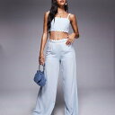 Missyempireのリネン風スカロップトリムウエストディテールワイドレッグパンツ(ベビーブルー) パンツ ボトム レディース 女性 インポートブランド 小さいサイズから大きいサイズまで