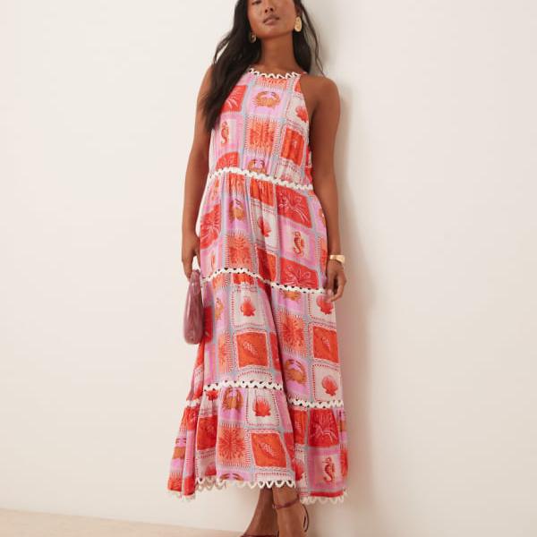 Hope & Ivy Petite rik rak ハイネック ティアード マキシドレス（ピンク ビーチプリント） ワンピース レディース 女性 インポートブランド 小さいサイズから大きいサイズまで