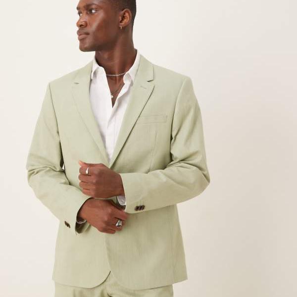 エイソス ASOS asos ASOS DESIGN リネン風スリムスーツジャケット(グリーン) アウター メンズ 男性 インポートブランド 小さいサイズから大きいサイズまで