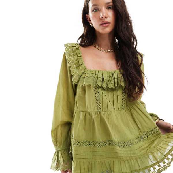 エイソス ASOS asos ASOS DESIGNのミックスレースと刺繍のスクエアネックトップス（