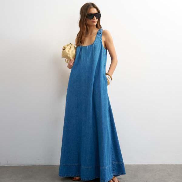 Rakuten - トップショップ Topshop TOPSHOP トップショップのミッドブルーのデニムギャザーマキシドレス ワンピース レディース 女性 インポートブランド 小さいサイズから大きいサイズまで