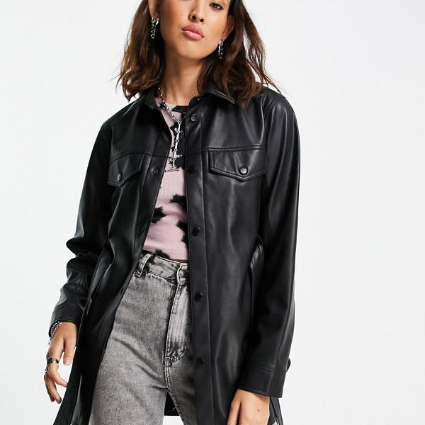 トップショップ Topshop TOPSHOP トップショップフェイクレザー長袖ベルト付きシャツジャケット（黒） トップス レディース 女性 インポートブランド 小さいサイズから大きいサイズまで