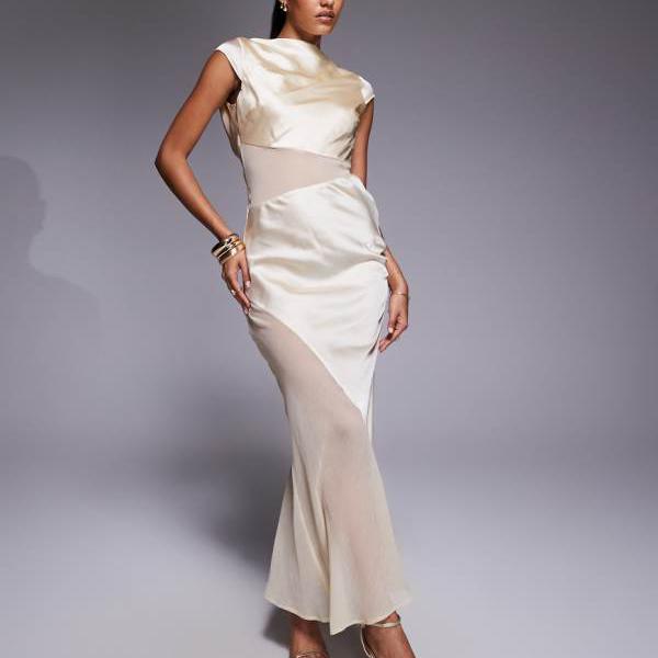 エイソス ASOS asos ASOS DESIGN キャップスリーブ サテン ミディドレス（シアーシフォンパネル、バタ..