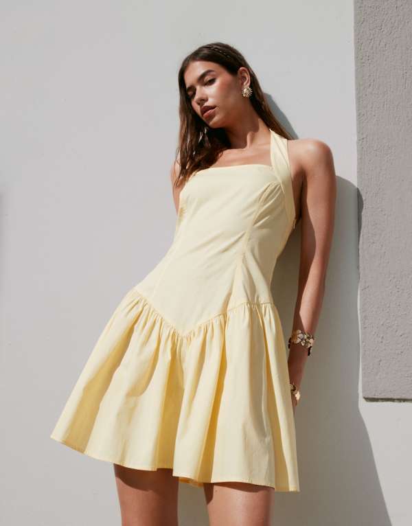 エイソス ASOS asos ASOS DESIGNのフリル裾ホルターミニドレス（レモン色） ワンピース レディース 女性 インポートブランド 小さいサイズから大きいサイズまで