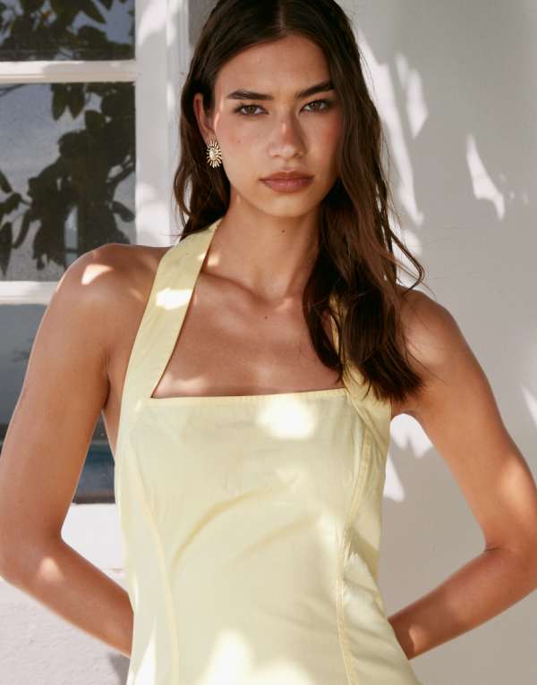 エイソス ASOS asos ASOS DESIGNのフリル裾ホルターミニドレス（レモン色） ワンピース レディース 女性 インポートブランド 小さいサイズから大きいサイズまで