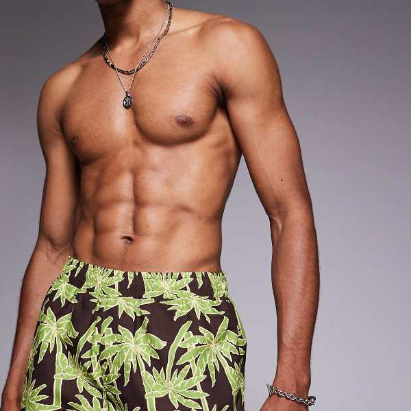 エイソス ASOS asos ASOS DESIGNのショート丈スイムショーツ(ブラック、パームツリープリント) 水着 メンズ 男性 インポートブランド 小さいサイズから大きいサイズまで