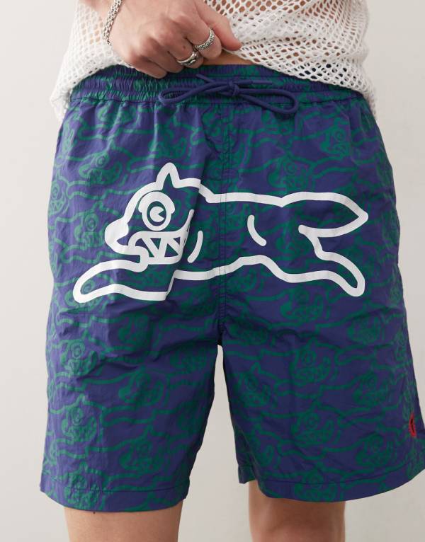 ICECREAMのランニングドッグプリントスイムショーツ（ブルー） 水着 メンズ 男性 インポートブランド 小さいサイズから大きいサイズまで