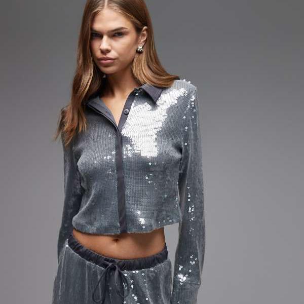 エイソス ASOS asos ASOS DESIGN コーデュロイ ガラス スパンコール シャツ（コントラストカラー、グレ..