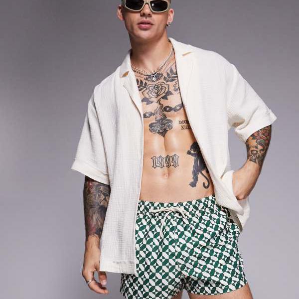 エイソス ASOS asos ASOS DESIGN スーパーショート丈 スイムショーツ（グリーン、ジオプリント） 水着 メンズ 男性 インポートブランド 小さいサイズから大きいサイズまで