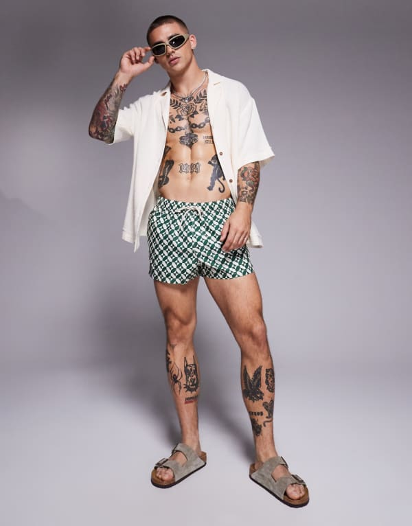 エイソス ASOS asos ASOS DESIGN スーパーショート丈 スイムショーツ（グリーン、ジオプリント） 水着 メンズ 男性 インポートブランド 小さいサイズから大きいサイズまで