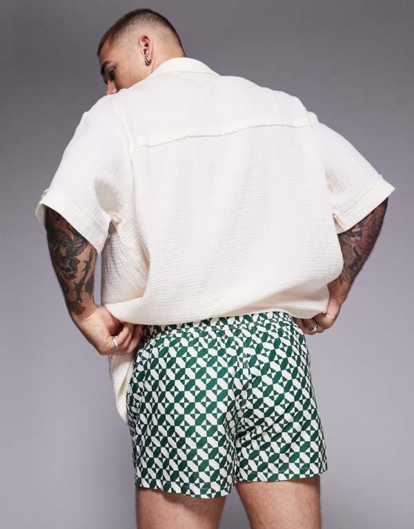 エイソス ASOS asos ASOS DESIGN スーパーショート丈 スイムショーツ（グリーン、ジオプリント） 水着 メンズ 男性 インポートブランド 小さいサイズから大きいサイズまで