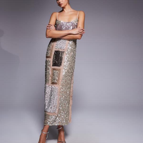 エイソス ASOS asos ASOS DESIGN ミックス装飾セミシースルーキャミミディドレス（ベージュ） ワンピー..