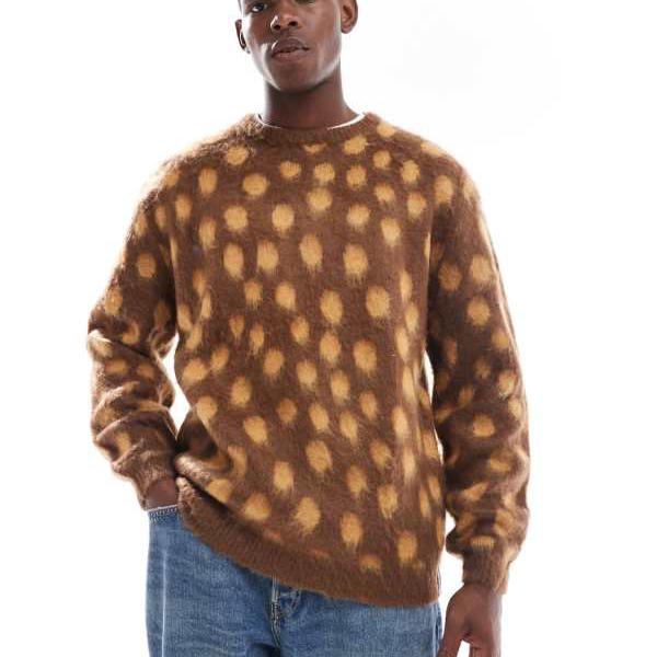 サンタクルーズ Santa Cruz SANTA CRUZ サンタクルーズのレギュラーフィットのふわふわニットジャンパー（ブラウン＆イエロー） トップス メンズ 男性 インポートブランド 小さいサイズから大きいサイズまでのサムネイル