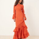 エイソス ASOS asos ASOS DESIGN ティアードフリル長袖シフォンマキシ丈ワンピース(レッド) トップス レディース 女性 インポートブランド 小さいサイズから大きいサイズまで