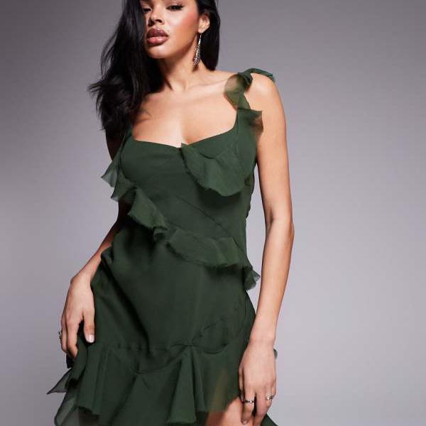 エイソス ASOS asos ASOS DESIGN ディープオリーブのタイバック付きローエッジフリルミニドレス ワンピース レディース 女性 インポートブランド 小さいサイズから大きいサイズまで