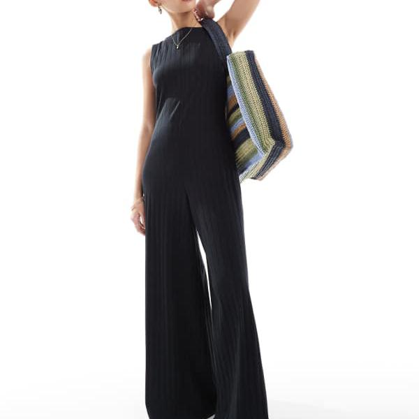 エイソス ASOS asos ASOS DESIGN ノースリーブ ワイドリブ ジャンプスーツ(ブラック) オールインワン レディース 女性 インポートブランド 小さいサイズから大きいサイズまで
