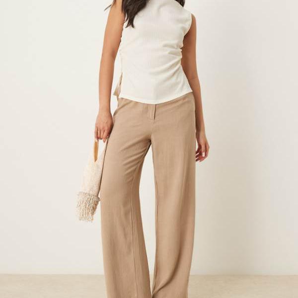 エイソス ASOS asos ASOS DESIGNのモカカラーのリネンを使用したリラックスストレートレッグパンツ ボトム レディース 女性 インポートブランド 小さいサイズから大きいサイズまで