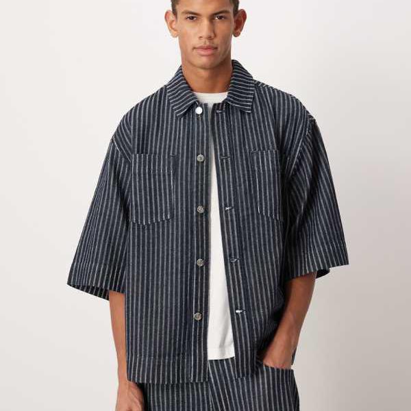 エイソス ASOS asos ASOS DESIGN コーデュロイ 半袖 ストライプ デニムシャツ(ウォッシュ加工) トップス メンズ 男性 インポートブランド...