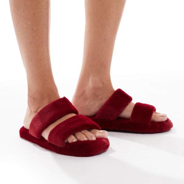 ブレイブソウルのフェイクファーダブルストラップスライダースリッパ（レッド） 部屋着 レディース 女..