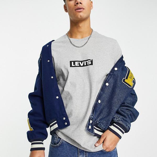 リーバイス Levi's グレーの小さなボックスタブのロゴが入ったリーバイスのTシャツ トップス メンズ 男性 インポートブランド 小さいサイズから大きいサイズまでのサムネイル