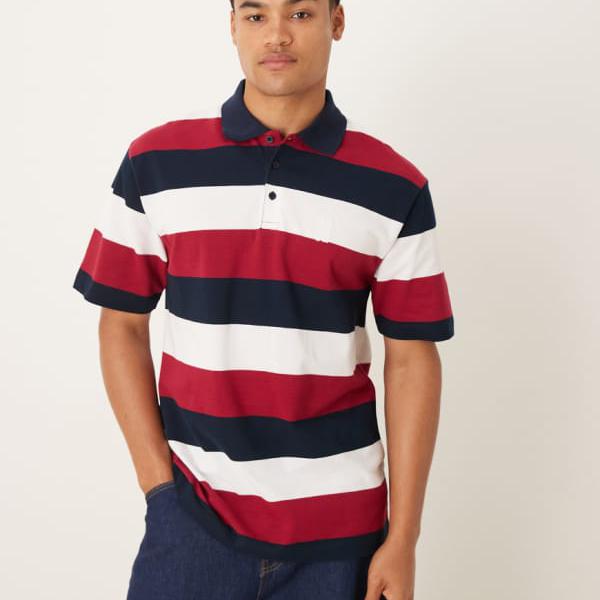 エイソス ASOS asos ASOS DESIGN テクスチャードストライプのリラックスポロ トップス メンズ 男性 インポートブランド 小さいサイズから大きいサイズまで