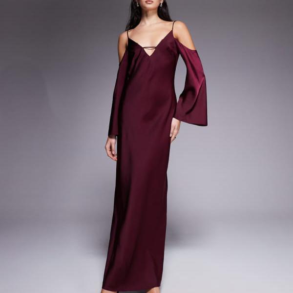 エイソス ASOS asos ASOS DESIGN サテン ロングスリーブ フォールドショルダー キャミミディドレス（プ..