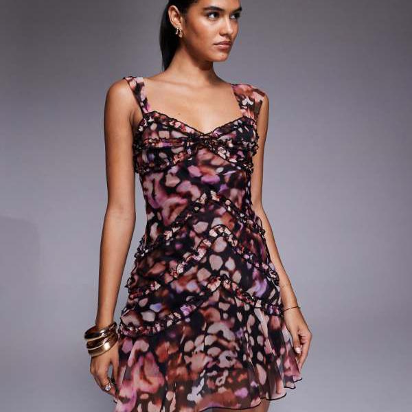 エイソス ASOS asos ASOS DESIGNのシフォンマイクロフリルディテールキャミミニドレス、ゴデットスカー..