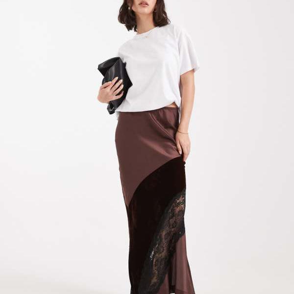 エイソス ASOS asos ASOS DESIGN ベルベットとレースのミックスサテンマキシスカート（チョコレート） スカート レディース 女性 インポートブランド 小さいサイズから大きいサイズまで