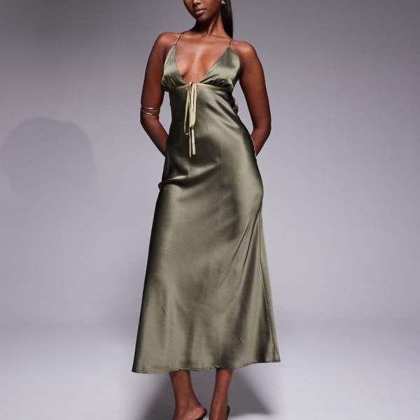 エイソス ASOS asos ASOS DESIGN サテンバイアスカットキャミミディドレス（オリーブグリーン、コント..