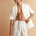エイソス ASOS asos ASOS DESIGNのショート丈スイムショーツ(クリーム色のストライプ、プレースメントプリント入り) 水着 メンズ 男性 インポートブランド 小さいサイズから大きいサイズまで