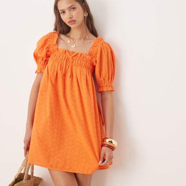 ミスセルフリッジ Miss Selfridge ミスセルフリッジのオレンジの刺繍スモックドレス ワンピース レディ..