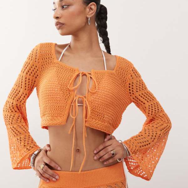 ノイズィーメイ Noisy May Noisy May クロシェ編みのタイフロントカーディガン コーデ（オレンジ） トップス レディース 女性 インポートブランド 小さいサイズから大きいサイズまで