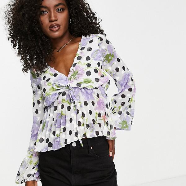 エイソス ASOS asos ASOS DESIGN長袖シャーリングフロントブラウス、プリーツペプラム裾、フローラル＆スポット トップス レディース 女性 インポートブランド 小さいサイズから大きいサイズまで