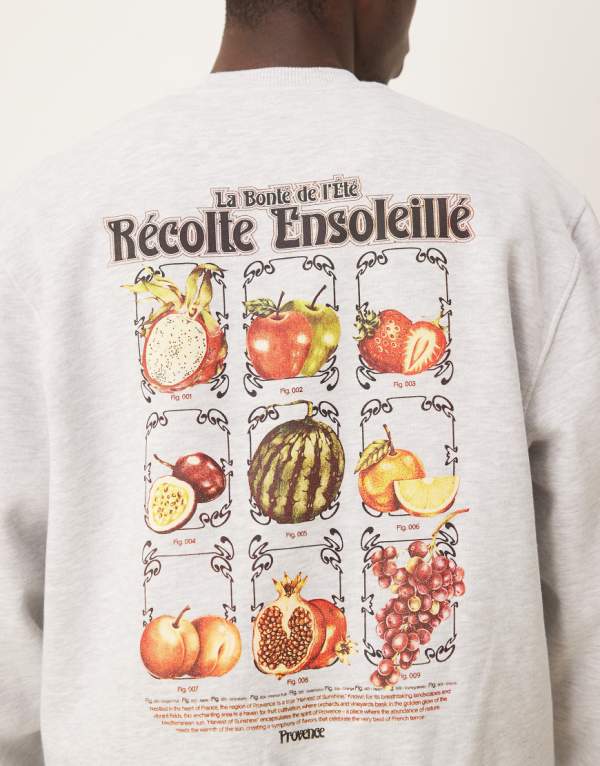 エイソス ASOS asos ASOS DESIGN グレーマールのフルーツバックプリントのオーバーサイズスウェットシャツ トップス メンズ 男性 インポートブランド 小さいサイズから大きいサイズまで