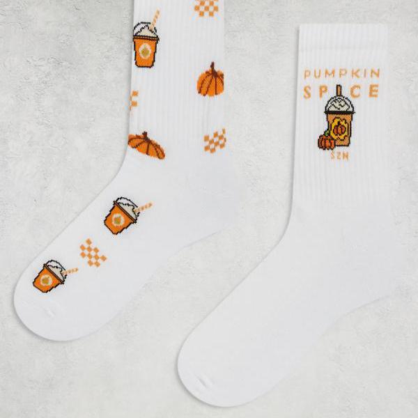 エイソス ASOS asos ASOS DESIGN パンプキンスパイスグラフィックソックス 2足組 ホワイト 靴下 ボトム..